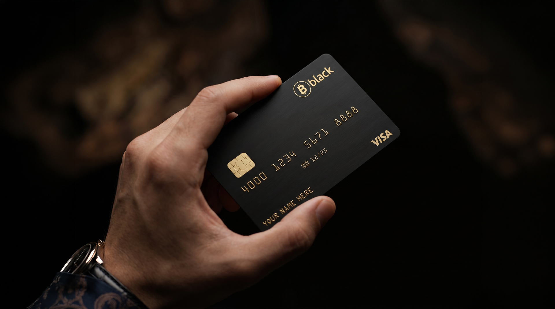 Hero shot of the BitcoinBlack matte black metal card under dramatic lighting