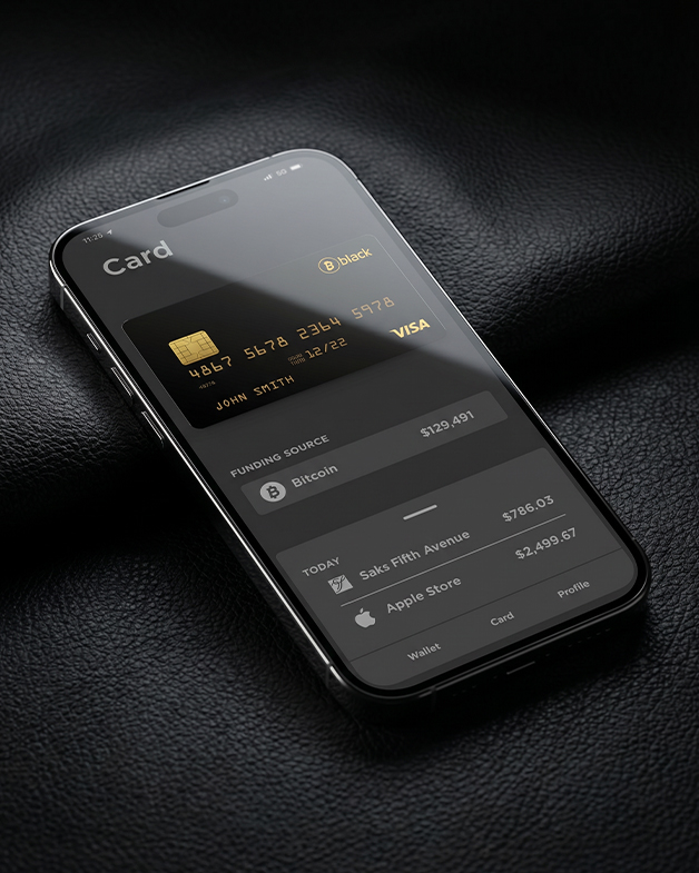 Macro detail of the BitcoinBlack card showing embossed branding and material finish