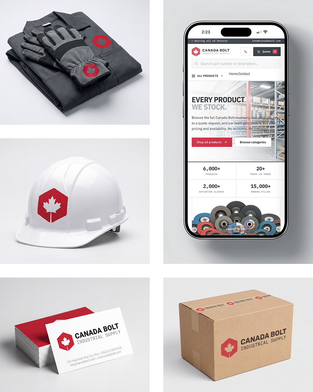 Canada Bolt brand collateral: catalogue, business cards and branded cap