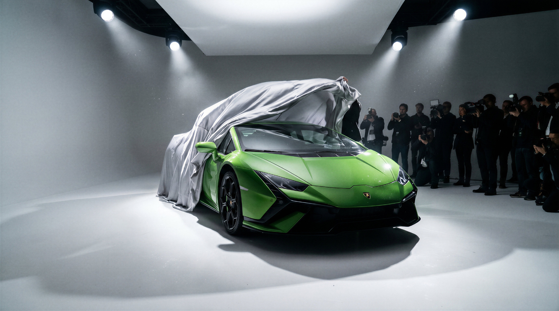 Black Lamborghini at an evening event with dramatic lighting