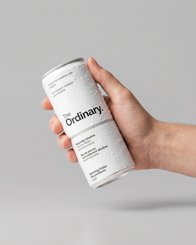 Detail of the can's minimal label typography and aluminum finish