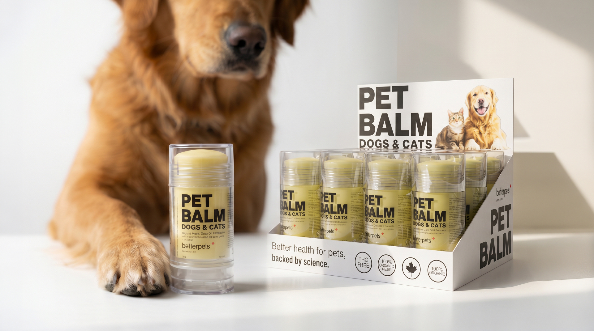 Better Pets dropper bottles and tubs in soft daylight
