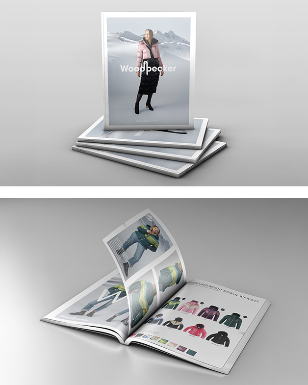 Catalogue spread layout showing a Woodpecker outerwear product hero