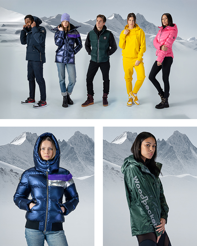 Studio campaign collage of Woodpecker outerwear models against a mountain backdrop