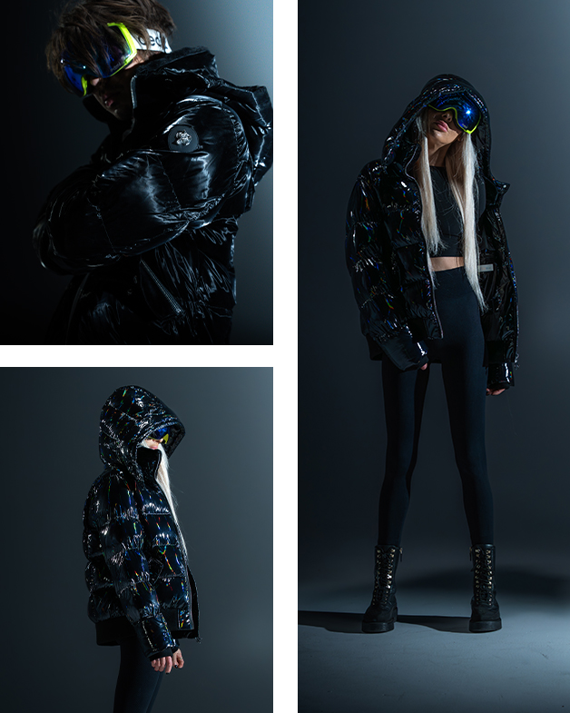 Editorial studio portraits of models in glossy black Woodpecker puffer jackets